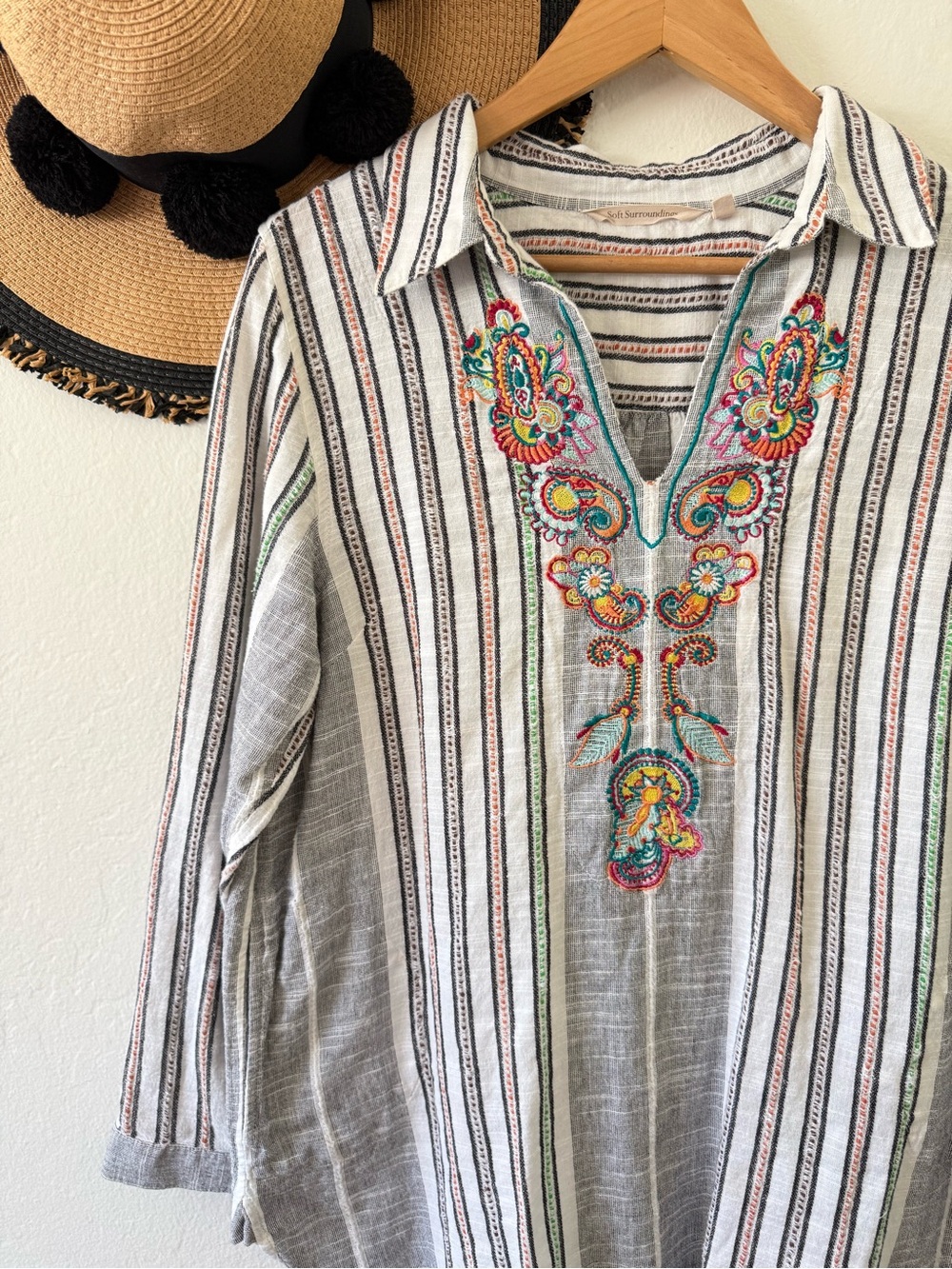 Soft Surroundings Embroidered Stripe Cotton Tunic Top Size Large Boho Lagenlook - Picture 11 of 16